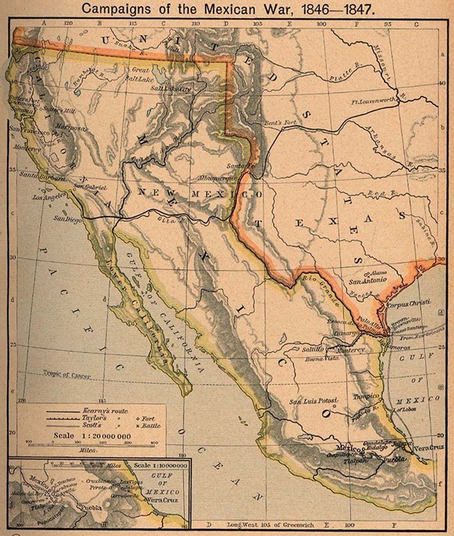 Map showing troop movements in Mexico and the southwest US. Much of what is now the American southwest is labelled "Mexico" on the map.