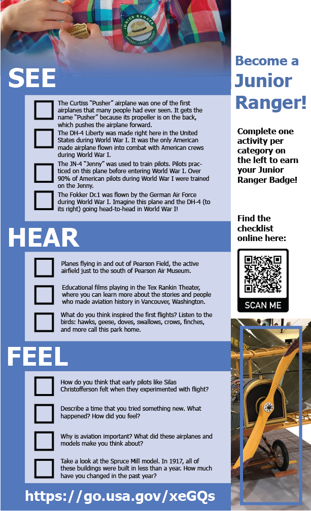 Background is a color photo of a model airplane. In foreground, titles read "see" "hear" and "feel." Under each title is a checklist which details things for kids to observe at the museum.