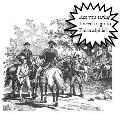Two men on horses speak to an angry farmer