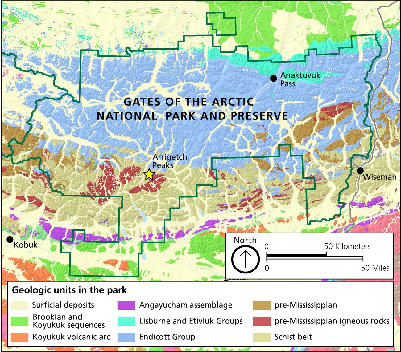 Color coded geologic map of Gates of the Arctic