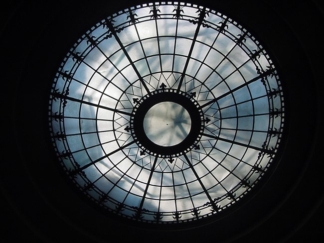 The etched glass of the laylight in the memorial