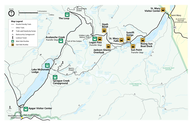 Map shows shuttle stops along the Going-to-the-Sun Road. Shuttle stops on the west side are shown in green. Shuttle stops for the east side are shown in yellow.