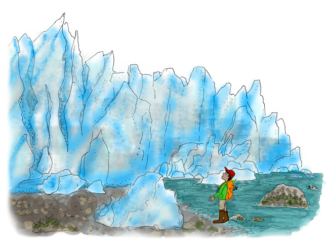 Illustration of lamplugh glacier with person looking on.