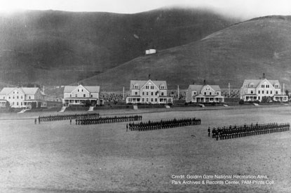 Army troops in formation on Fort Baker historic parade ground