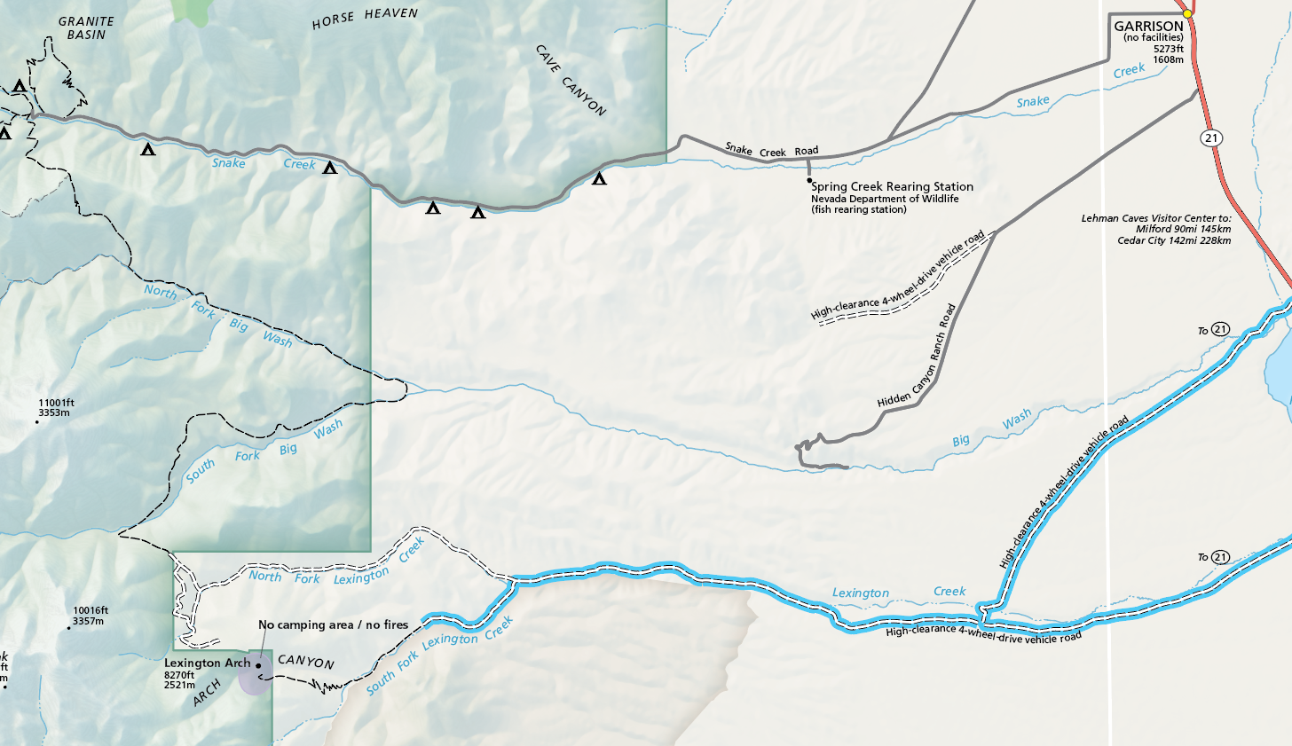 A selection of the official park map. Lexington arch access roads are visible near the bottom of the image highlighted in blue. Garrison UT is located in the upper left/north east of the image