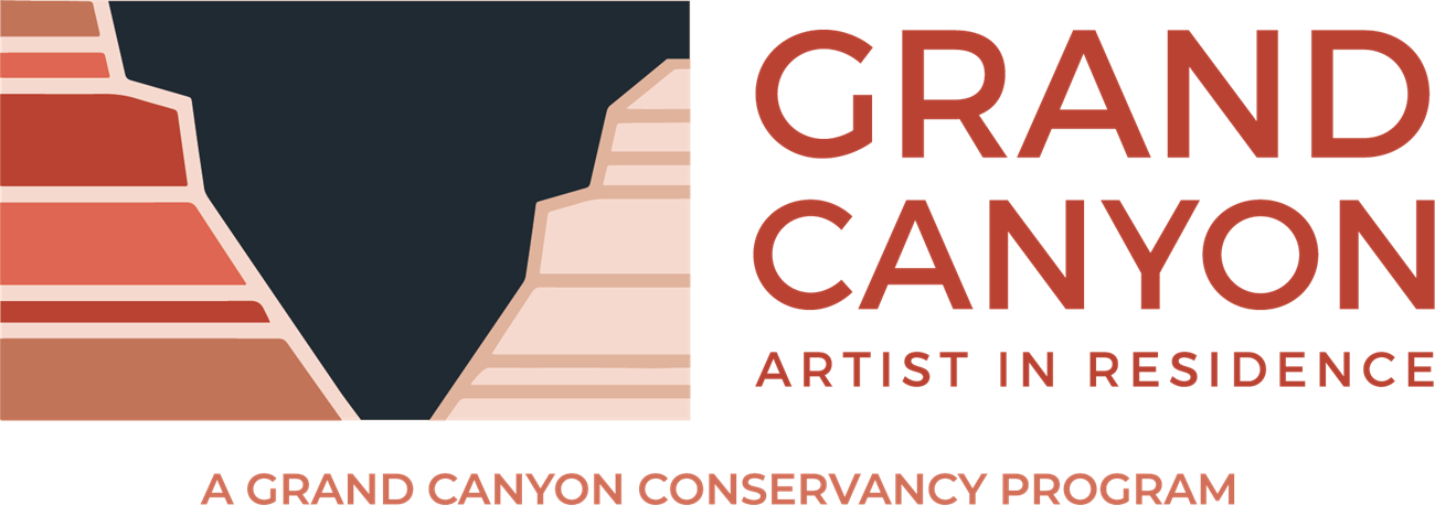 Stylized graphic with bands of rust and vermilion color representing the rock layers that make up canyon walls. Text reads: "Grand Canyon Artist in Residence, a Grand Canyon Conservancy Program"