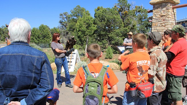 Ranger handling bird of prey in front of children