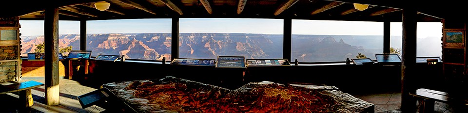 View north from inside Yavapai Museum of Geology, looking out across Grand Canyon. (March 27, 2013)