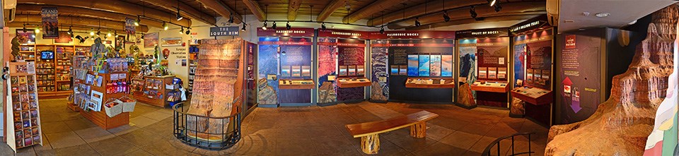 Interior of Yavapai Museum of Geology. Bookstore (far left) and exhibits. (July 5, 2011)