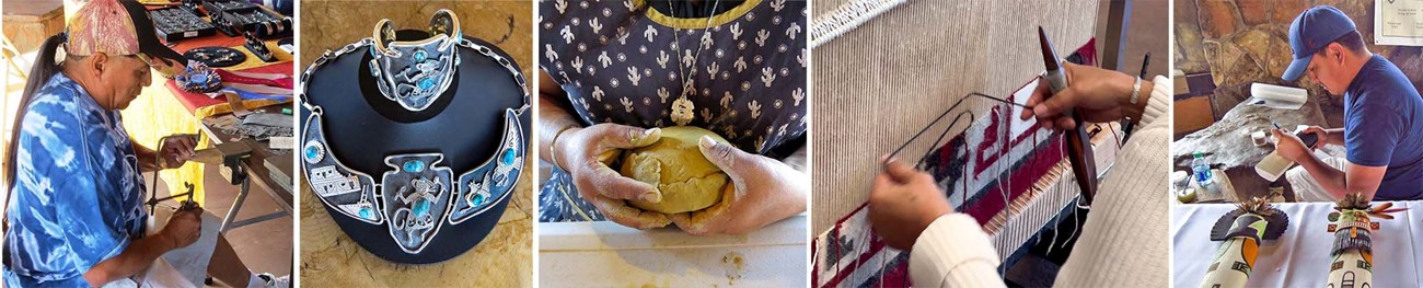 Collage of 5 photos showing, from left to right, a silversmith cutting a design out of a silver sheet, silver jewelry with turquoise stones, a potter's hands form clay, rug being woven, man carving kachina.