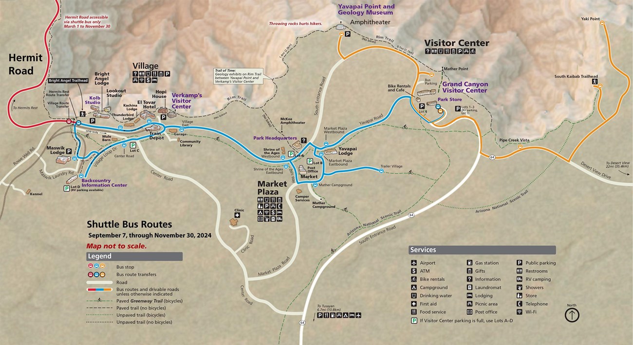 Map showing South Rim Grand Canyon Village and Vicinity showing the three shuttle bus routes, indicated by blue, orange, and red lines; the routes that are in service during fall 2024.