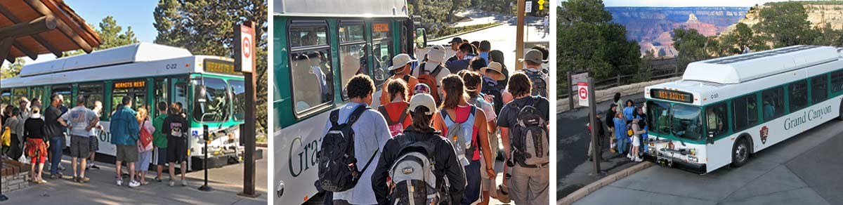 Collage of 3 shuttle bus photos showing passengers boarding buses in different locations