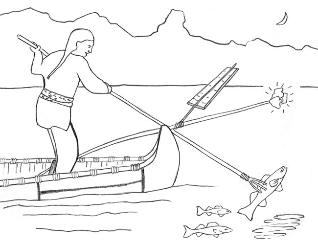 Line drawing of a person standing in a canoe, spearing a fish, with a torch pole held between the his knees.