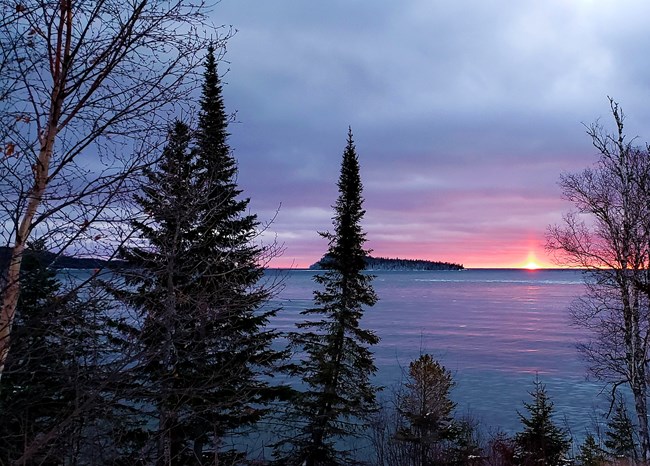 Sunrise over the lake with pink clouds and tree silhouettes in the foreground.