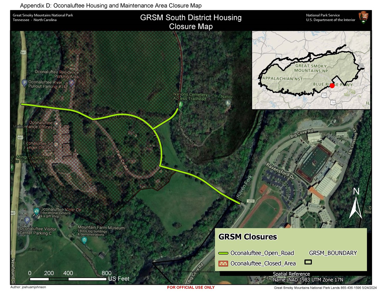 South district housing closure map. Bright green line east of Newfound Gap Road (open) enclosed by crisscrossed orange shading (closure) over field. (Zoomed in version of Appendix C.) Inset park map in corner. Scale: 800 feet