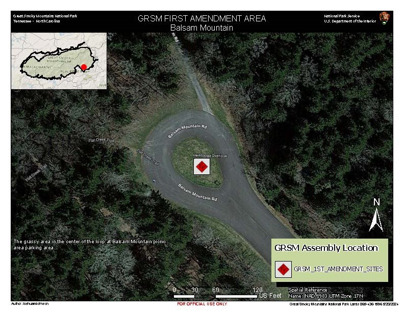 Balsam Mountain 1st Amendment Area map. Red diamond in white square in grassy area in center of loop at Balsam Mountain picnic area parking. Inset park map shows Balsam area in southwest corner. Trees and Flat Creek Trail nearby. Scale: 120 ft