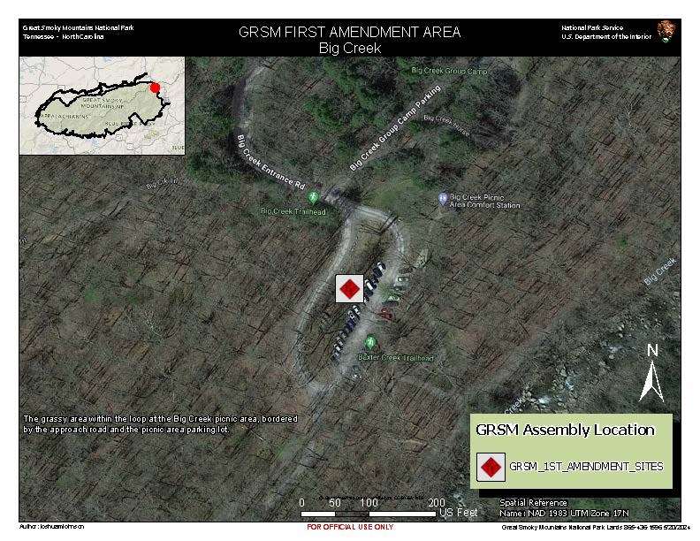 Big Creek 1st Amendment Area map. Red diamond in white square in grassy area within the loop at the Big Creek picnic area, bordered by the approach road and picnic area parking lot. Inset park map shows area in northwest corner. Scale: 200 ft