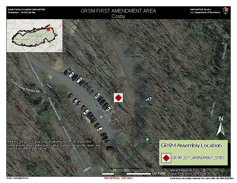 Cosby 1st Amendment Area map. Red diamond in white square at west end of Cosby Picnic Area (nearest campground office), grassy area between upper and lower parking lots. Trees, cars and Cosby Creek on map. Inset park map in corner. Scale: 120 ft