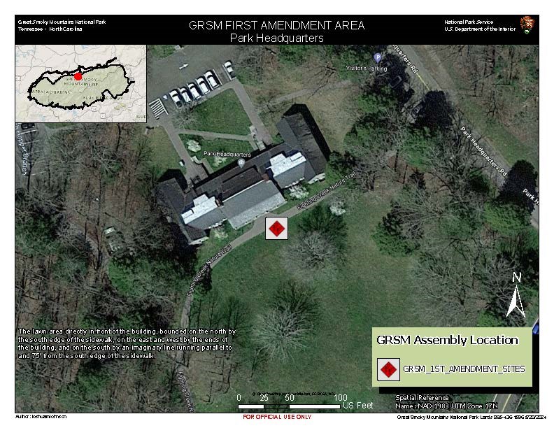 Park HQ 1st Amendment Area map. Red diamond in white square on lawn, bounded north by south edge of sidewalk, east & west by ends of building, south by imaginary line parallel to & 75’ from south sidewalk edge. Inset park map in corner. Scale: 100 ft