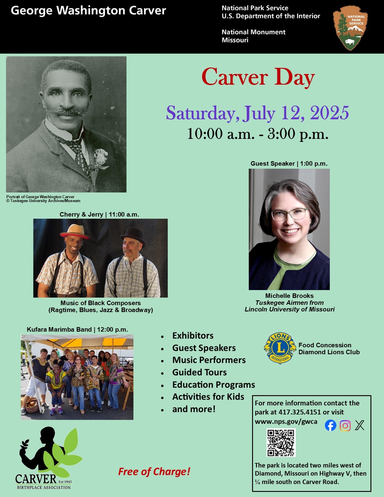 Infographic for Carver Day special event. Black and white headshot photograph of George Washington Carver with a flower in the jacket lapel. Headshot photograph of a woman wearing green shirt and blue sweater.