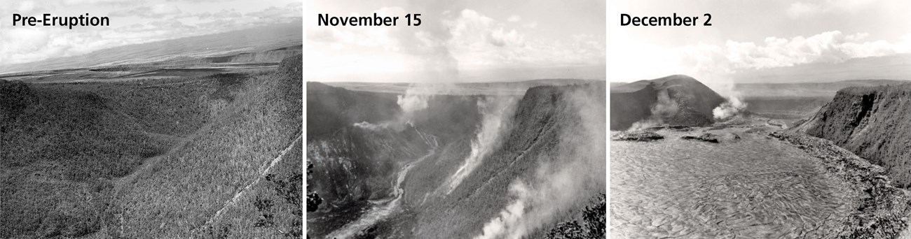 A tryptch of a crater before, during a volcanic eruption, and near the eruption's end, when it has filled with lava