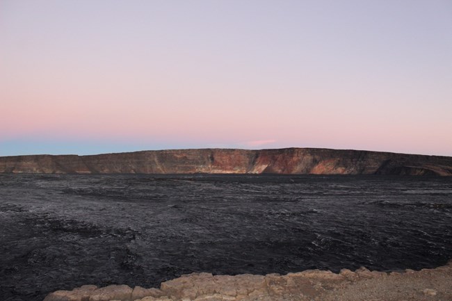 Frost across the floor of a volcanic crater