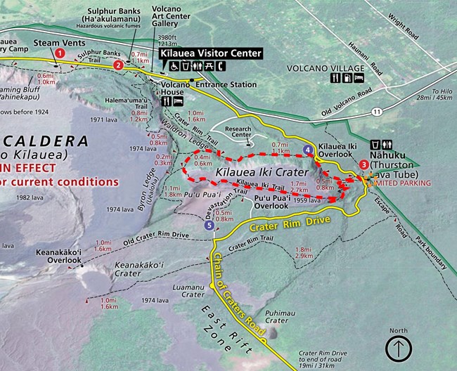 Map of Kīlauea Iki Trail denoted by a dotted line.