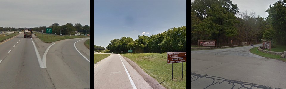 Pictures of a highway with highway signs and an exit ramp with landmark signs