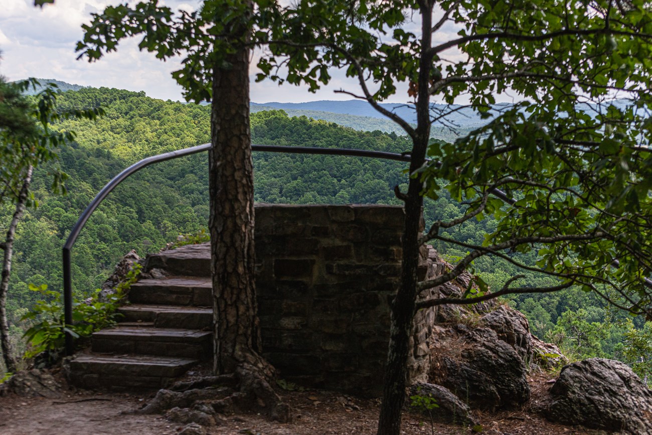 A small viewing area overlooking the rolling Ouachita hills