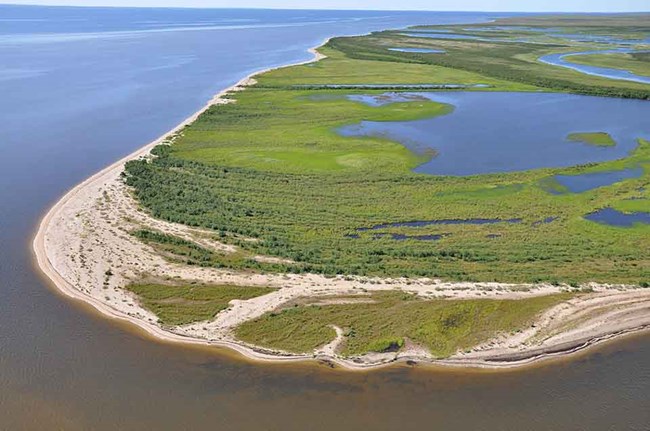 An aerial image from ShoreZone of a sandy beach and coastal lagoons.