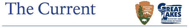 The Current masthead The words "The Current" in blue next to the arrowhead and network logos.