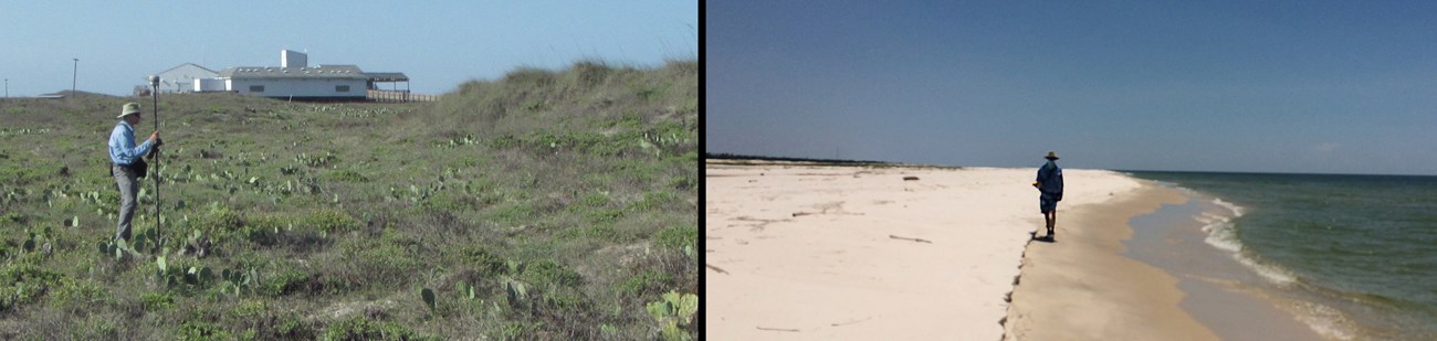 Coastal geomorphology field methods Image on the left is a crew member measuring elevations at Padre Island NS. Image on the right is a crew member walking the high tide swash line with a handheld GPS to collect data for the shoreline position protocol.