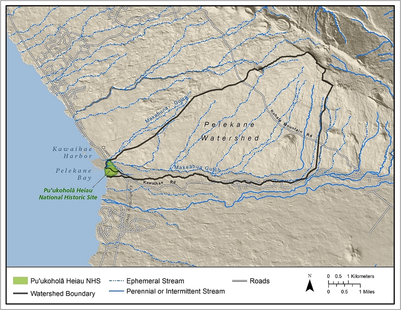 Figure 6 Figure 6. Pelekane Bay watershed. The northern half of Puʻukoholā Heiau NHS drains to Pōhaukole and Makeāhua Gulches; the southern half of the Puʻukoholā Heiau NHS drains directly to the ocean.