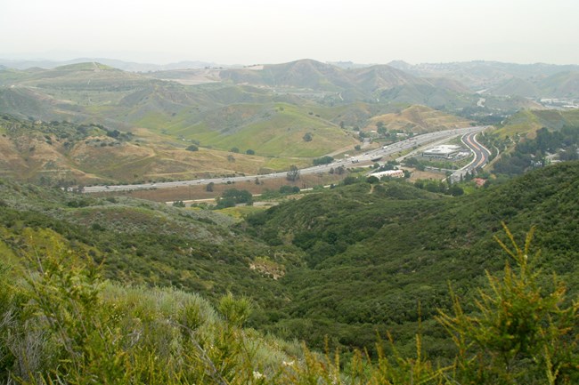 Liberty Canyon from above View from a mountainside of a large highway running through Liberty Canyon below