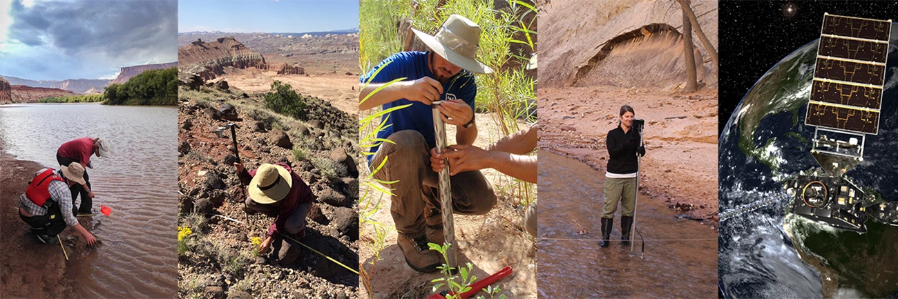 NCPN scientists use field monitoring and satellite data to study ecosystem health across the Colorado Plateau. Five NCPN fieldwork scenes: river plots, rocky plots, soil moisture, stream surveys, satellite.