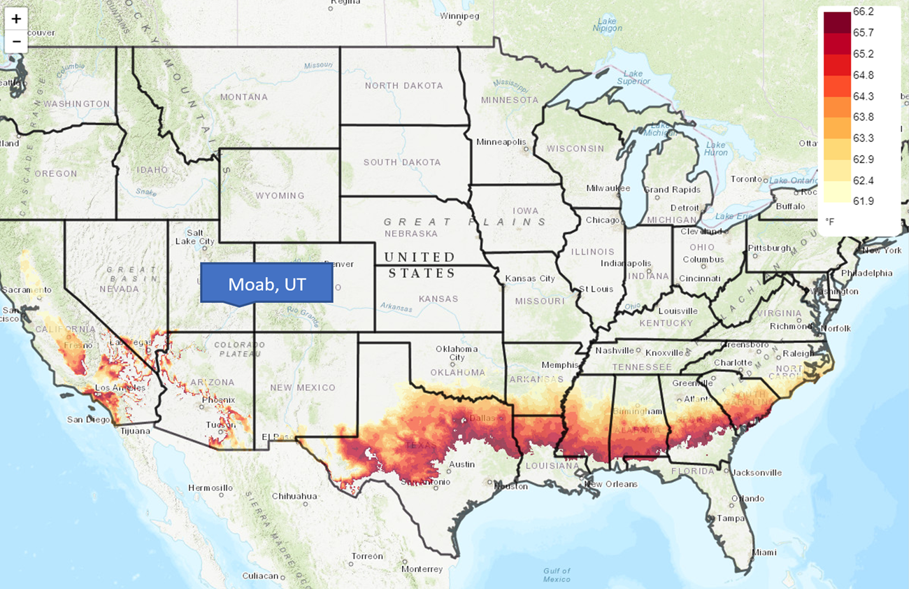 Map of the US with Moab, UT identified. A swath of color ranging from yellow to red stretches from Central Texas to the South Carolina coast, indicating average temperatures of 62 to 66 degrees F