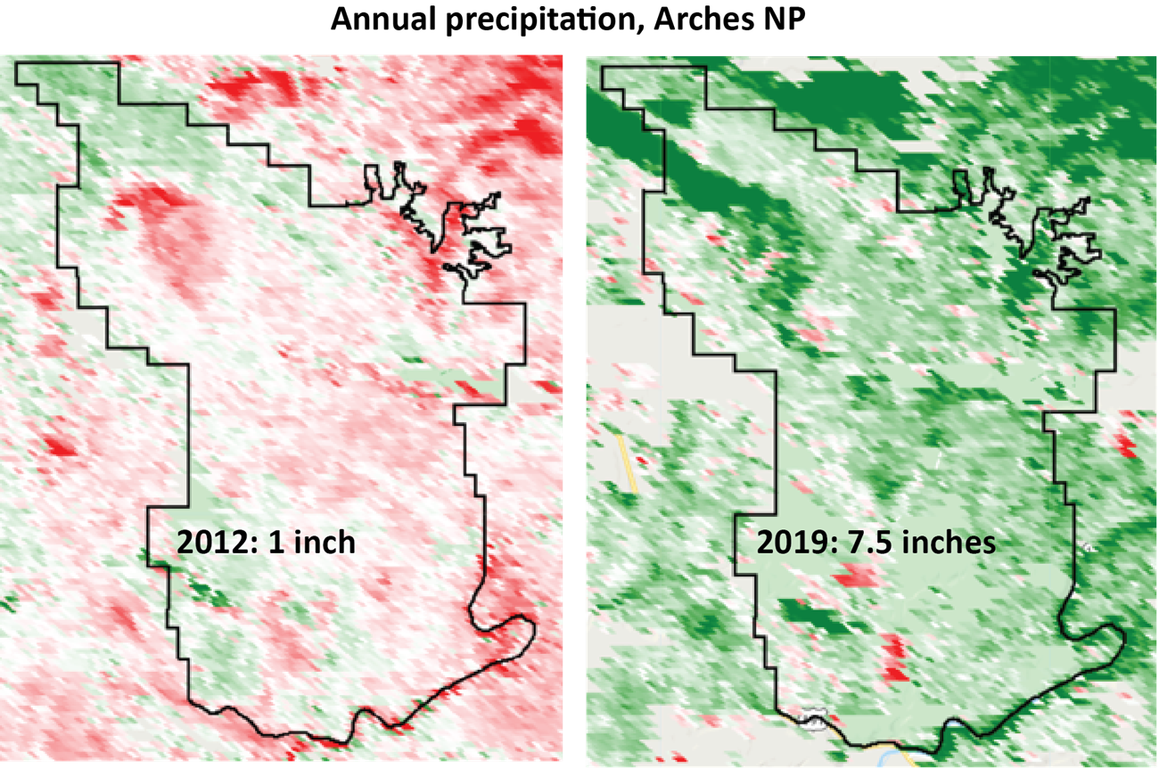 Satellite image with an outline of Arches NP, colored in different shades of red and green, labeled "Annual precipitation, Arches NP"