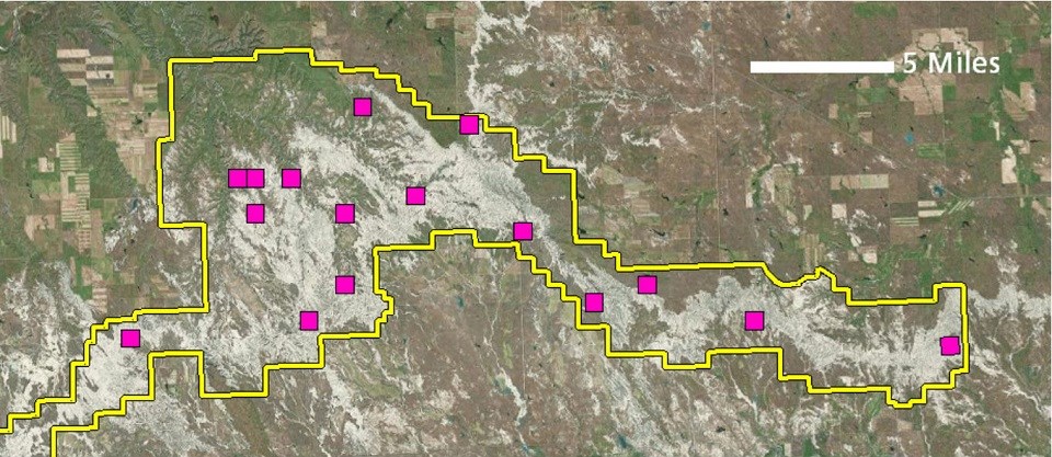 map showing outline of park and locations monitored