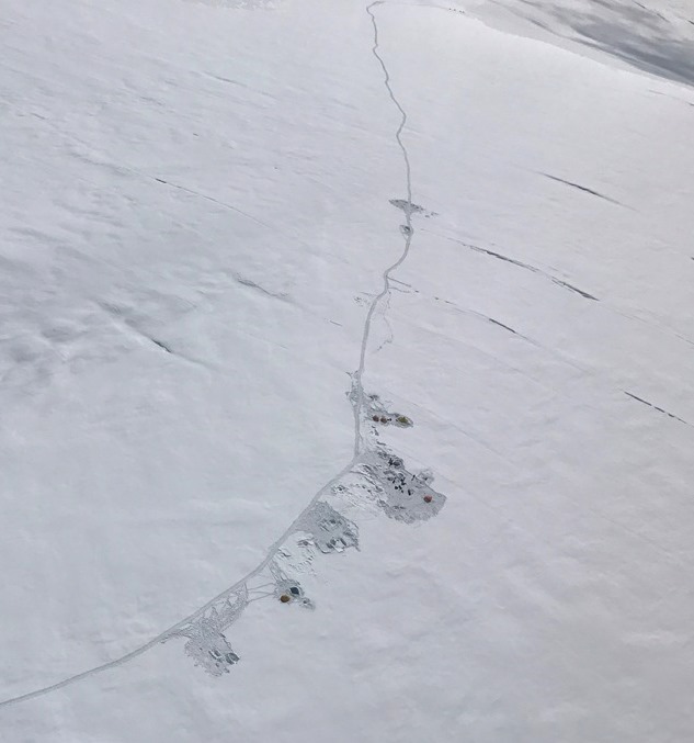 An overhead photo of the 7,800 foot camp and trail