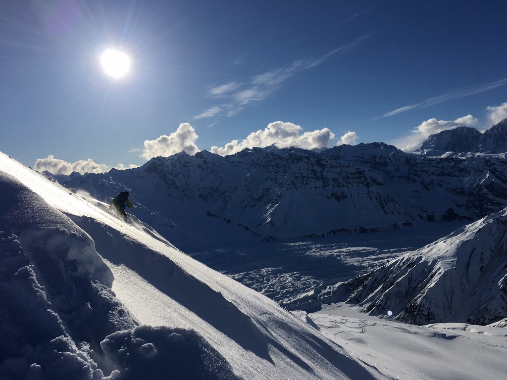 A skier descends the Whale's Tail