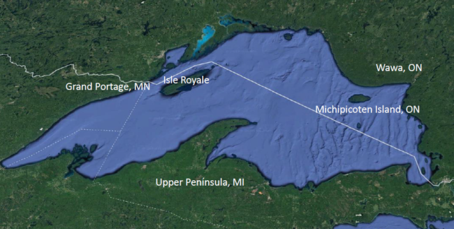 ISRO_Wolf-Relocation_locations Map of Lake Superior with Isle Royale and four locations that wolves were relocated from: Grand Portage, MN, Wawa, ON, Michipicoten Island, ON, and the Upper Peninsula of MI.