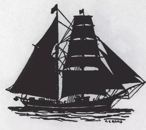 A black silhouette of a ship with many sails.