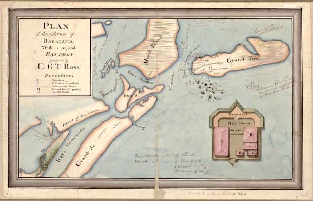 Pen an ink watercolor map of the "Plan of the entrance of Barataria, with a projected battery proposed by Col. G.T. Ross." In pencil in lower right hand corner: 1416. There is a fold down the middle.