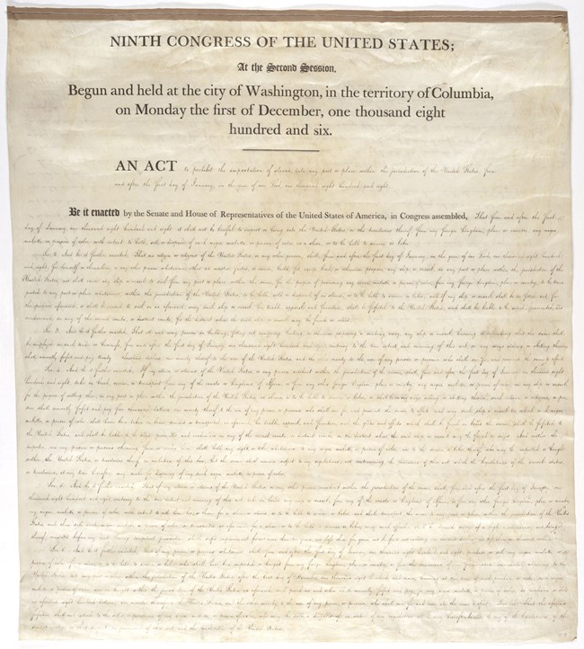 A scan of the front page of the Act of 1808 prohibiting the international slave trade in the U.S.