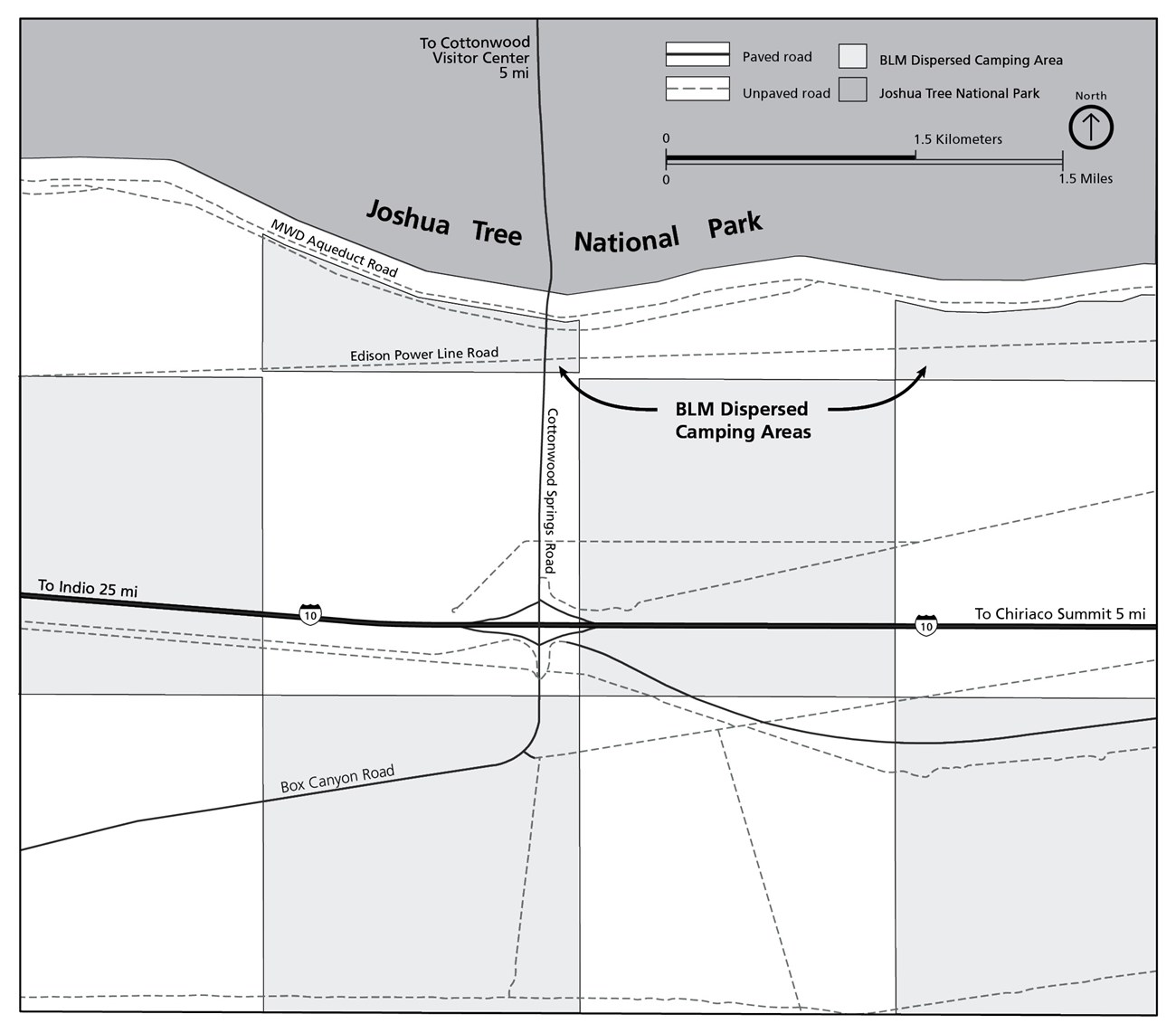 A map of the Bureau of Land Management land south of Joshua Tree National Park. The rectangles highlighted in light blue show where dispersed camping is allowed.