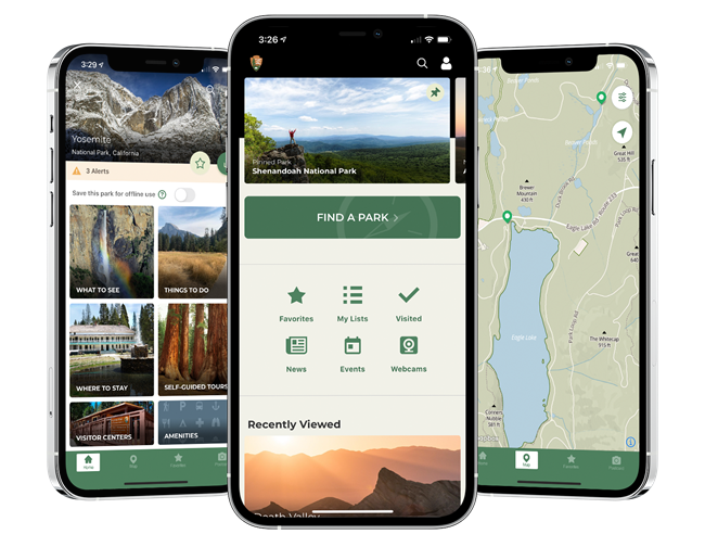Three phone screens displaying images of NPS app