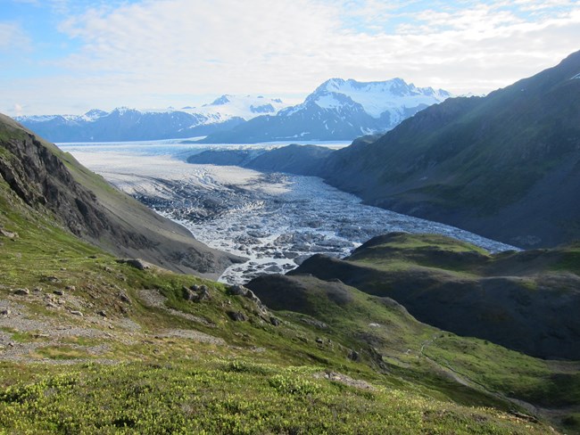 An ice-filled lake connected to a glacier