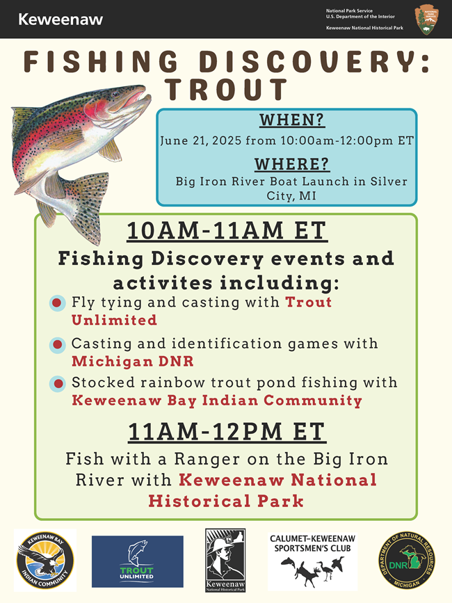 Colorful flyer with a jumping green, red, and white fish. It describes event details.