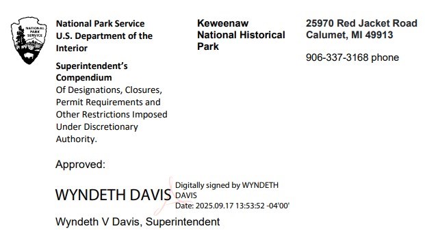 Screenshot showing the electronic signature of the Keweenaw NHP superintendent