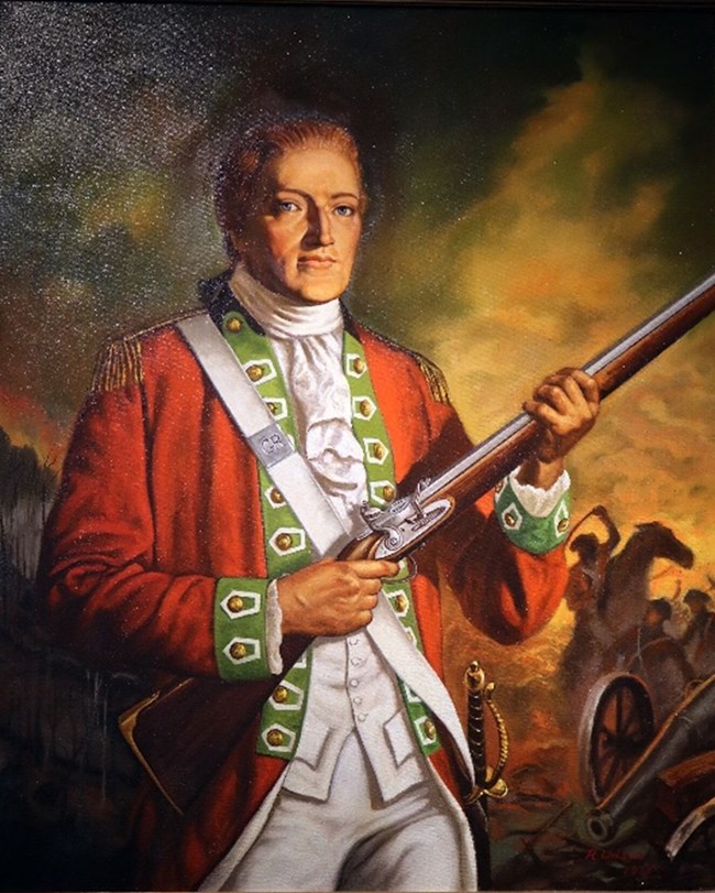 A sketch of a man with dark hair looking to his right. The British flag is behind him.